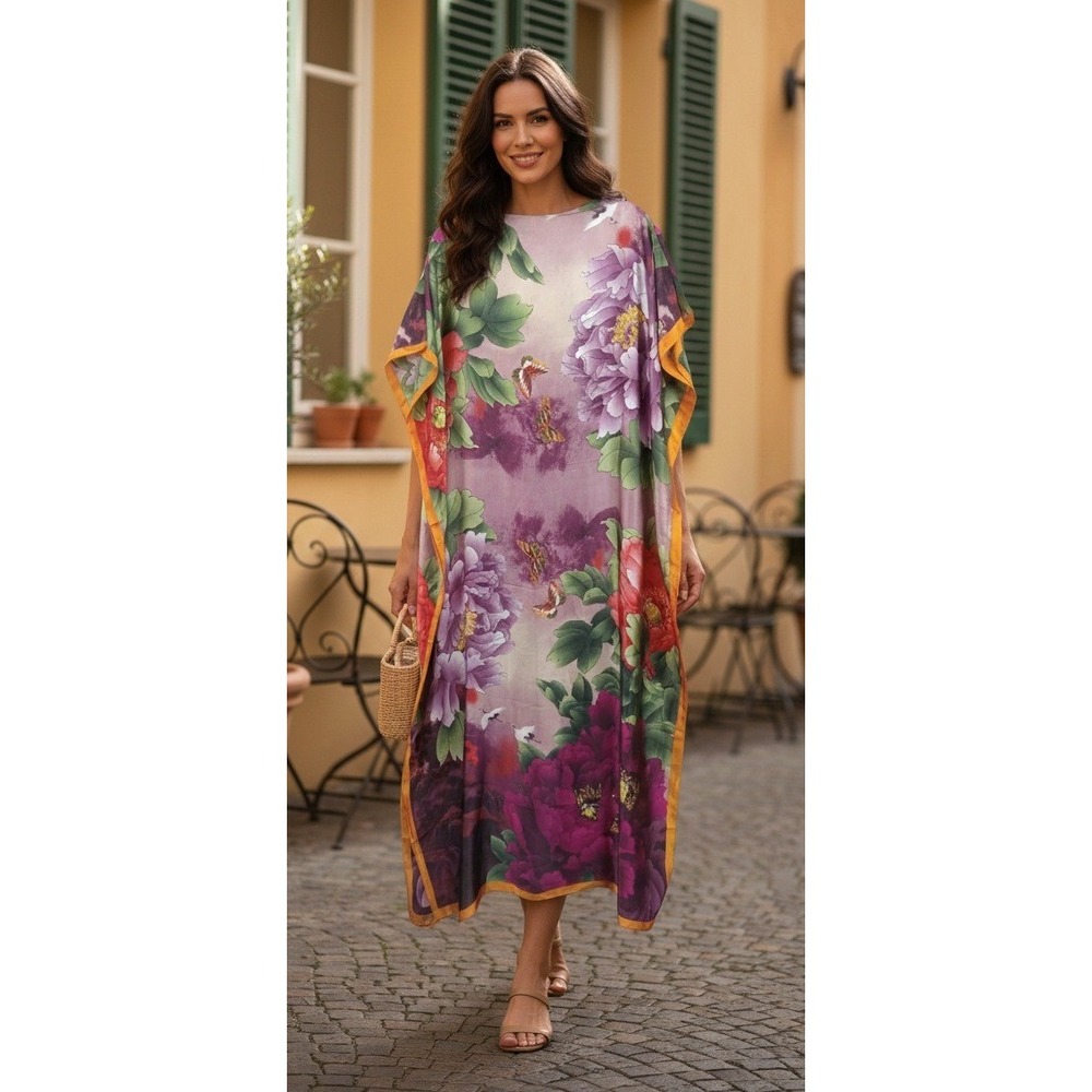 Women's Kaftan Kimono Maxi Dress Peony Butterfly Print Resort Granny 64" Chest‎